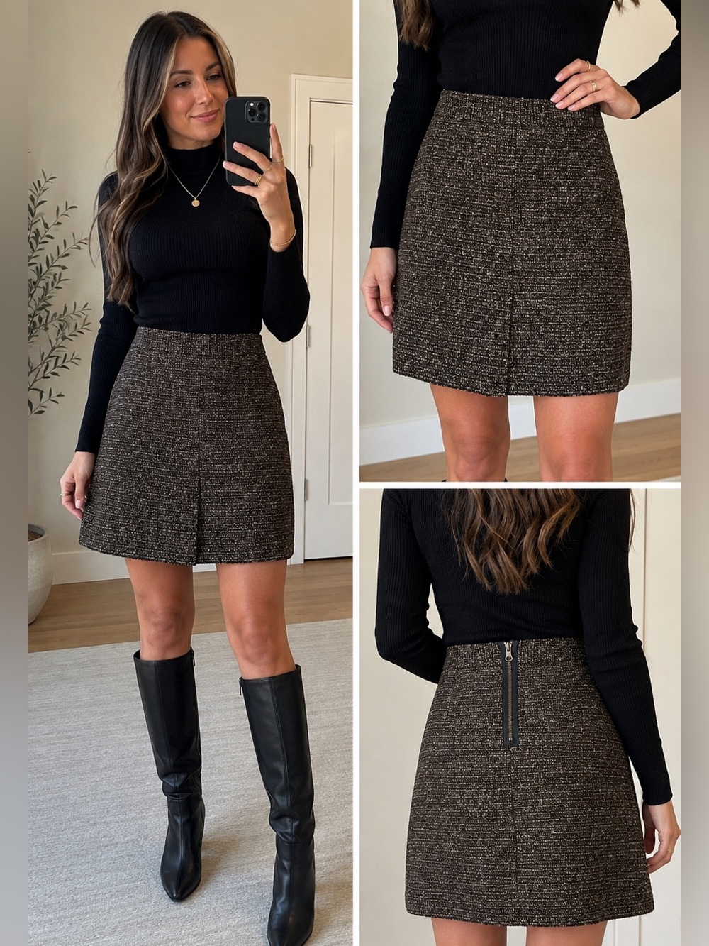 New Halogen 4P Petite Tweed Textured A-Line Skirt Brown Black Exposed Zip